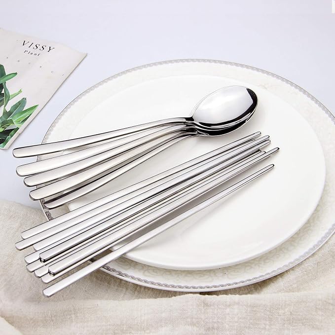 IQCWOOD Stainless Steel Spoons and Chopsticks Set, Korean Flat Chopsticks and Spoons tableware with long-hand, Reusable Chop Sticks Dishwasher Safe for Home, Kitchen or Restaurant, Set of 3