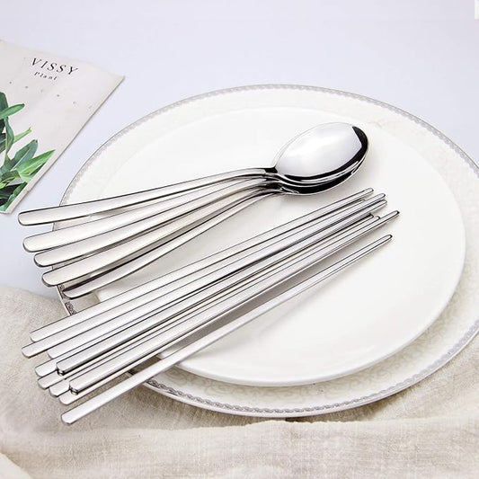 IQCWOOD Stainless Steel Spoons and Chopsticks Set, Korean Flat Chopsticks and Spoons tableware with long-hand, Reusable Chop Sticks Dishwasher Safe for Home, Kitchen or Restaurant, Set of 3