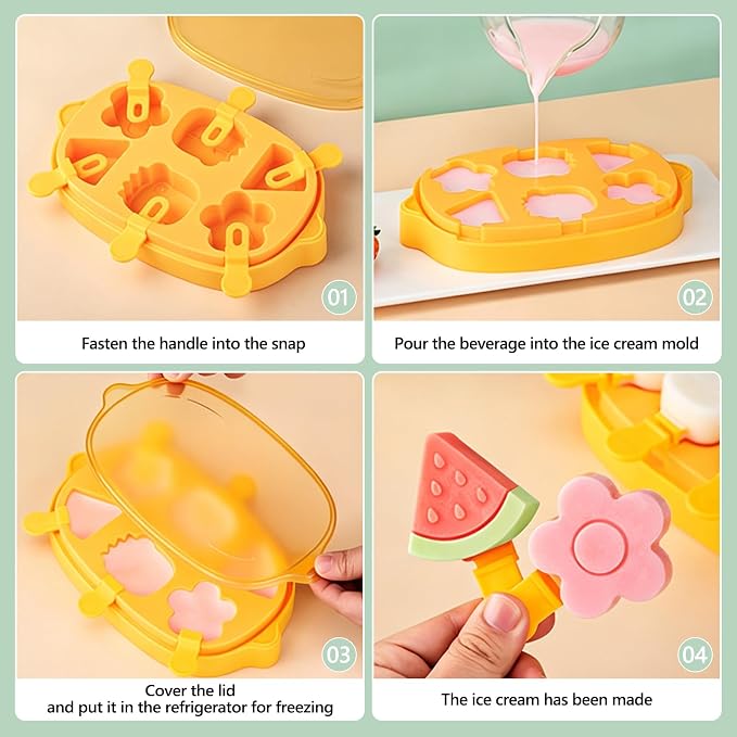 Silicone Popsicle Mold, Cute Popsicle Silicone Molds with 6 Sticks, Reusable Small Mini Ice Popsicle Molds Set, Easy to Clean and Dishwasher Safe (A-Yellow)