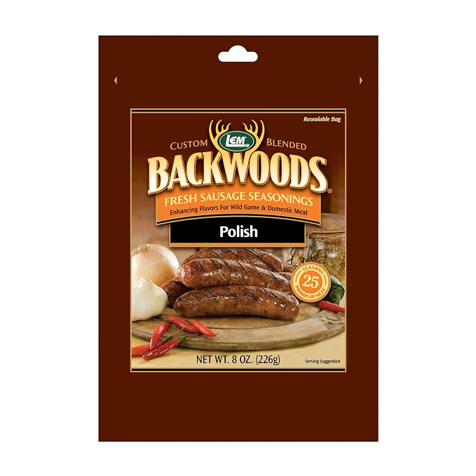 LEM Products Backwoods Polish Fresh Sausage Seasoning, 8 oz Packet | Pre-Measured Seasoning for Wild Game and Domestic Meat, Seasons Up to 25 Pounds of Meat for Homemade Sausages