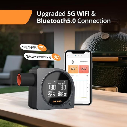 5G Wi-Fi & Bluetooth BBQ Temperature Controller, | INKBIRD Automatic Smoker Fan with LCD Screen for Ceramic Smokers, BGE, WSM, 5 Probes