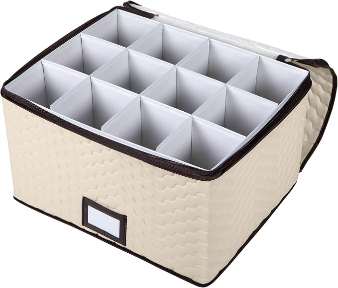 Wine Glass Storage Box with Dividers, Holds 12 Glasses up to 3.75" Wide | Stemware Storage Case, Protects Fine China, Durable Quilted Microfiber, Carry Handles, Ideal for White Wine