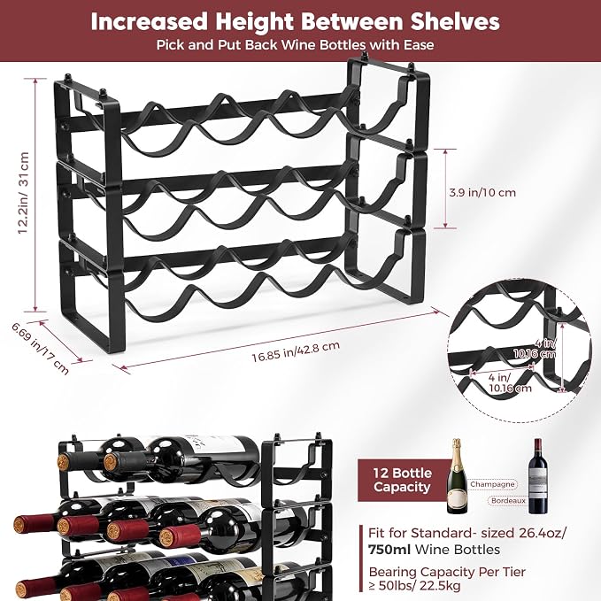 3 Tier Stackable Wine Rack Countertop, 12 Wine Bottle Holder for Cabinet | Small Tabletop Wine Holder Stand for Pantry Bar, Sturdy Wire Wine Bottle Rack Metal Wine Freestanding Storage Organizers