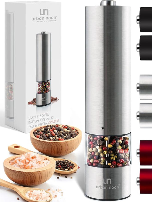 Urban Noon Electric Salt or Pepper Grinder (1 Mill, 8.1" Tall) - One-Handed Push-Button Mills with LED Light, Adjustable Ceramic Coarseness, Gift-Ready Box, 1-Year Warranty - Stainless Steel