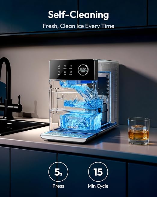 EUHOMY 2.2'' Clear Ice Cube Maker Countertop with APP, 2 Square Ice Ready in 27 Mins for Whiskey, Slow-Melting & Self-Cleaning, 110 Pcs/Day, 24H Timer, Clear Ice Maker with Ice Tong for Home/Bar