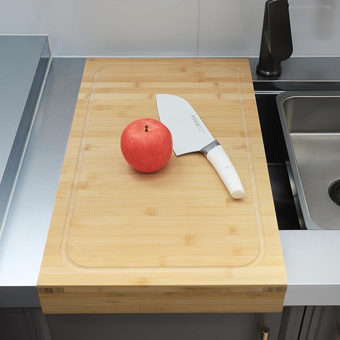 BAMOTTO CRAFTBAMBOO 12.6x22 Inch Bamboo Cutting Board, Over Sink | Detachable Non-Slip Front Lip | Reversible Dual Juice Grooves | Countertop Extension for Small Kitchen RV Camper Stove Cover