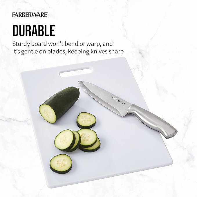 FARBERWARE Large Cutting Board, Dishwasher- Safe Plastic Chopping Board for Kitchen with Easy Grip Handle, 11in by 14in, White