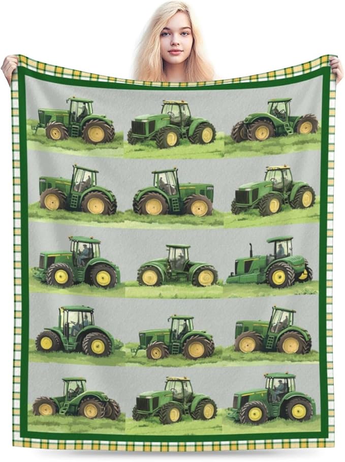 Truck Blanket Soft Cozy Green Truck Plush Throw Blanket Warm Equipment Tractor Flannel Fleece Bedding Stuff Decor Blanket Gifts for Lover Teens Kids Girls Boys Women Adults Bed Travel 60"x80"
