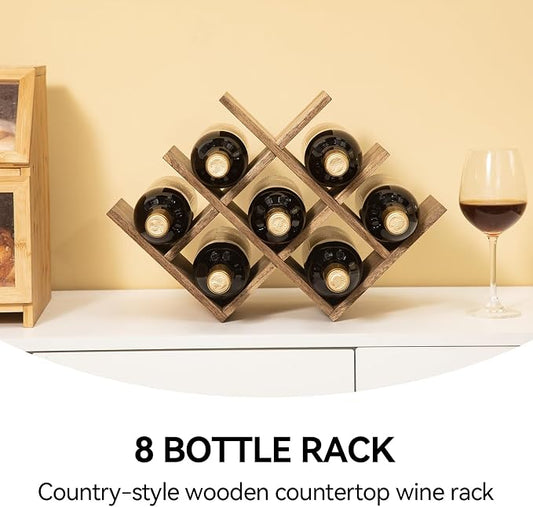 KIRIGEN Wooden Wine Rack, 8-Bottle 3-Tier Countertop Wine Holder, Brown | 16.73 x 5.91 x 11.14 In, Holds 8 Standard Wine Bottles for Cabinets, Pantry Shelves, and Kitchen Counter, Assembly Required