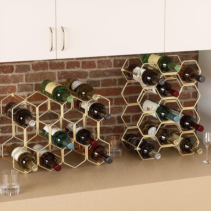 Buruis Countertop Wine Rack, 14-Bottle Modern Freestanding Metal Holder for Red and White Wine, Tabletop, Kitchen, Bar, and Cabinet Storage (Gold)