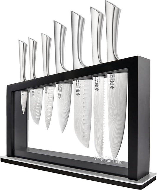 Cuisine::pro Damashiro 8-Piece Satori Knife Block - Japanese Steel Knife Set with Acacia Wood Knife Block -Damascus-Inspired Blade
