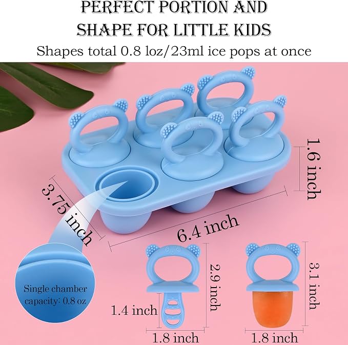 Sakolla Baby Popsicle Molds Mini 6-Cavity Silicone Ice Pop Mold with Sticks Breastmilk Popsicle Molds for Teething Relief Toddler Popsicle Mold for Ice Cream Frozen Yogurt and Fruit Juice (Blue)