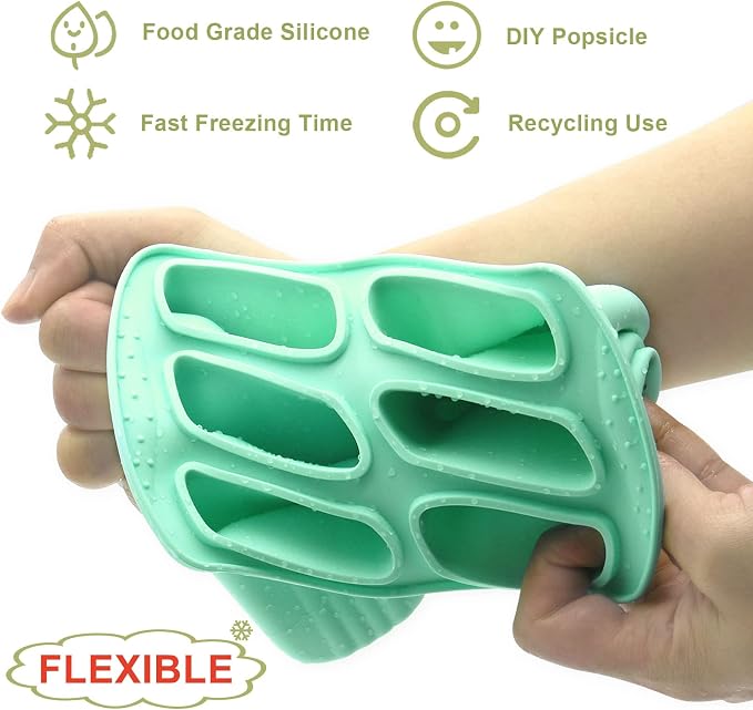 6 Pieces Silicone Popsicle Molds,Easy-Release Bpa-Free,Ice Pop Mold,Ice Cream Molds For Kids,With 50 Pcs Popsicle Sticks+Cleaning Brush(Green）