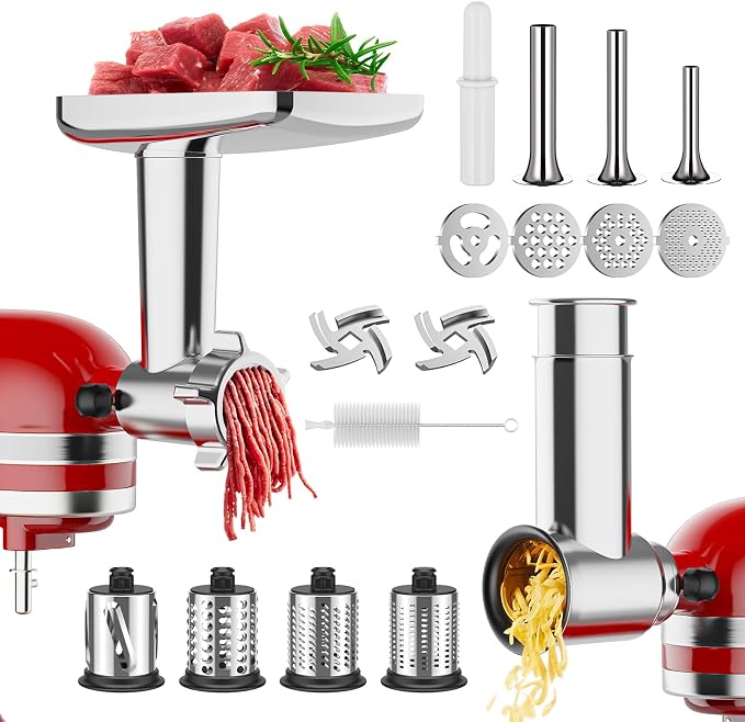 Meat Grinder & Cheese Grater Attachment for KitchenAid Stand Mixer | Meat Grinder with Sausage Stuffer Tubes, Slicer Shredder Attachments, Food Grinder for KitchenAid Mixer Attachments