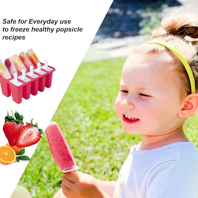 Silicone Popsicle Molds 10 Pcs Ice Pop Maker Molds with 10 Reusable Sticks, Cleaning Brush and Funnel - Homemade Easy-Release Reusable Popsicle Moulds Shapes (Red)