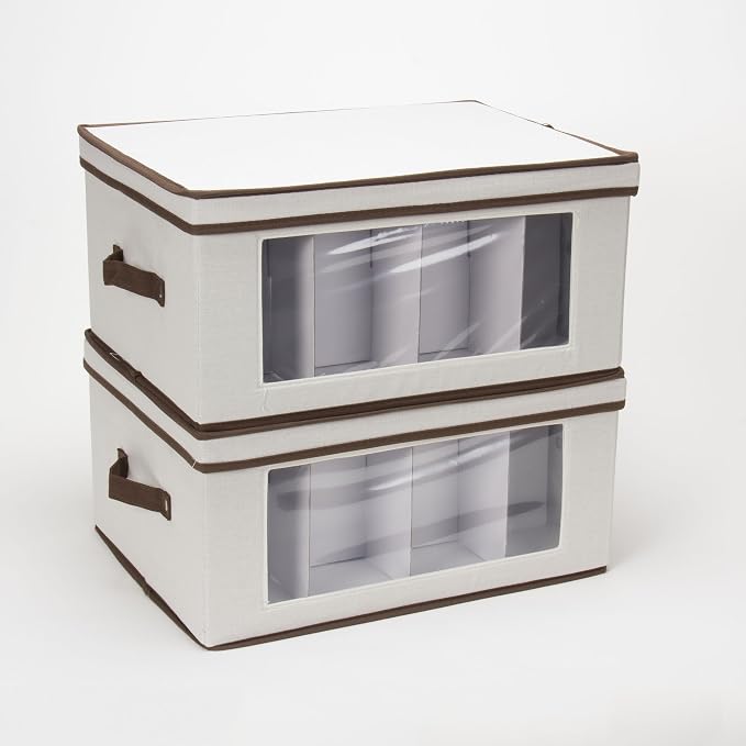 Household Essentials Wine Glass Storage Box in Strong Frame, Handles, Windowed Panel and 12 Compartments, Cream with Brown Trim