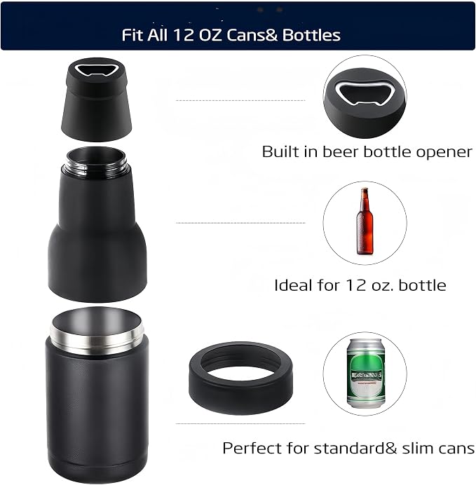 3 in 1 Can and Beer Bottle Insulator, Double Wall Stainless Steel Insulated Can Cooler, Beer Bottle Holder 12oz 14oz 17oz (12oz Can&Bottle BK)