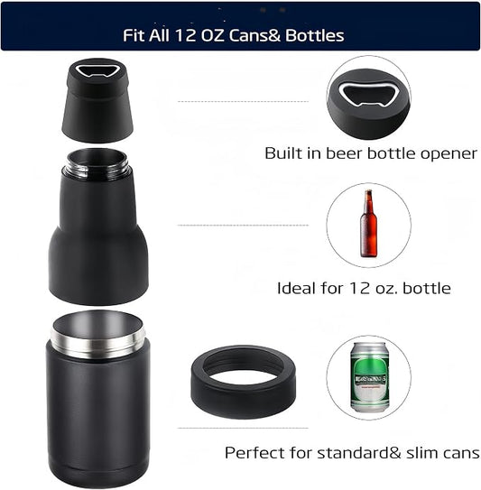 3 in 1 Can and Beer Bottle Insulator, Double Wall Stainless Steel Insulated Can Cooler, Beer Bottle Holder 12oz 14oz 17oz (12oz Can&Bottle BK)