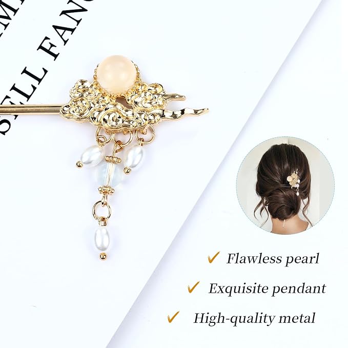 Cinaci 10 Pieces Decorative Vintage Retro Pearl Gold Metal Hair Sticks Pins with Pendants Chinese Hanfu Asian Flower Butterfly Hair Chopsticks Hair Bun Updo Holders Long Hairpins for Women Girls