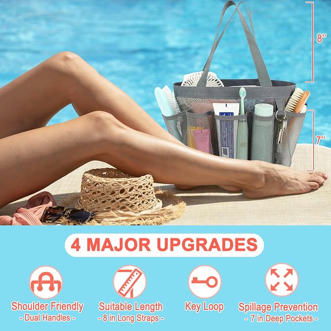 Fammart Mesh Shower Caddy Portable for College Dorm Room Essentials, Odorless Polyester Large Shower Tote Bag with Dual Handles, 8-Pocket Quick-Dry Toiletry Organizer for Travel, Beach, Camping, Gym