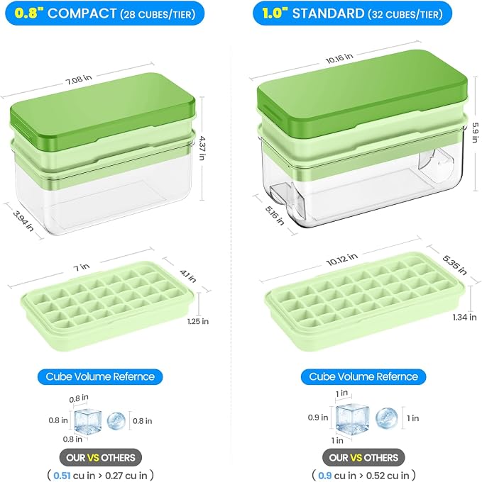 1.0" Ice Cube Trays for Freezer, PHINOX Ice Tray, 2-Tier(32Cubes/Tier)Green