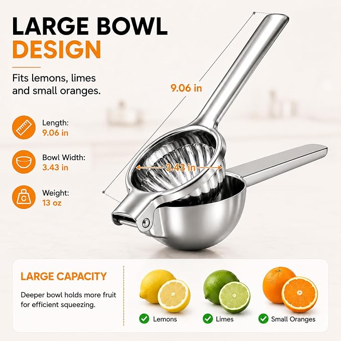 Ex-Large Lemon Squeezer, Stainless Steel Lime Citrus Juicer Hand Press | 3.43IN Extra Large Heavy Duty Handhelp Juice Squeezer For Lemon, Citrus, Orange, Perfect For Kitchen & Bar Tools