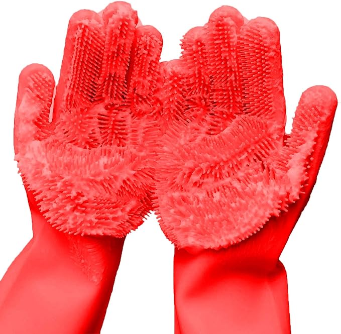Silicone Dishwashing Gloves, Pet Grooming Rubber Scrubbing for Dishes, Sponge Wash Cleaning with Scrubbers (13.6" L)