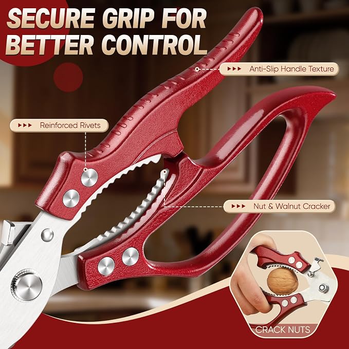 Freelander Kitchen Scissors Set Red - All Purpose Heavy Duty Poultry Shears | Japanese Kitchen Shears for Food, Chicken, Meat, Fish, Vegetables with Ergonomic Non-Slip Handle, Gifts for Women Men