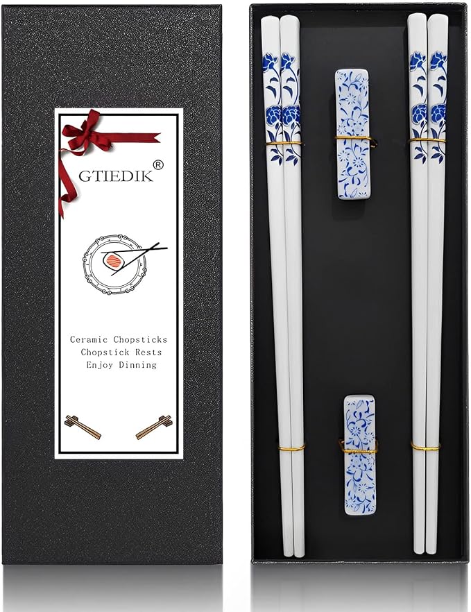 Ceramic Chopsticks Reusable with Porcelain Holder 2 Pairs Blue Rose | Delicate Box,Blue and White Porcelain,Gift set,Dishwasher Safe,Easy to clean,Cooking chopsticks