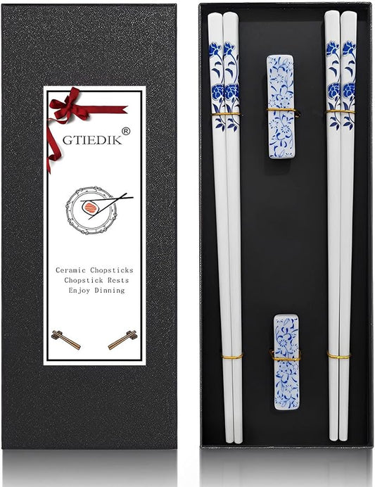 Ceramic Chopsticks Reusable with Porcelain Holder 2 Pairs Blue Rose | Delicate Box,Blue and White Porcelain,Gift set,Dishwasher Safe,Easy to clean,Cooking chopsticks