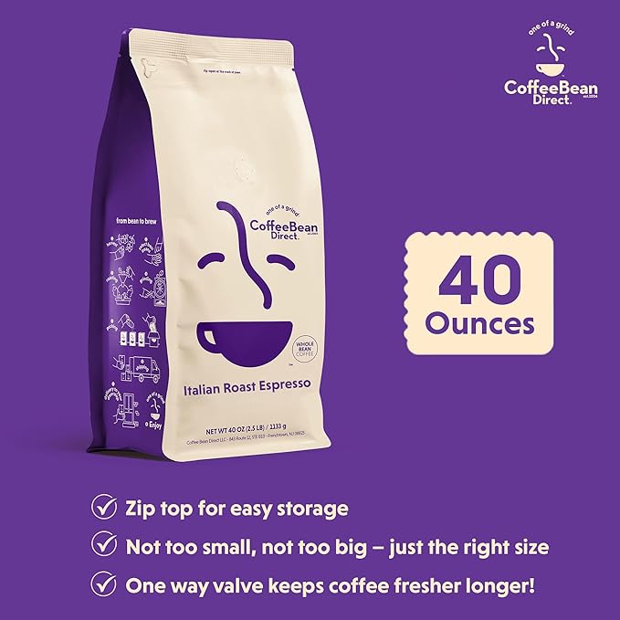 Coffee Bean Direct Italian Roast Espresso, Whole Bean Coffee, Dark Roast, 2.5 Pound Bag (Pack of 1)