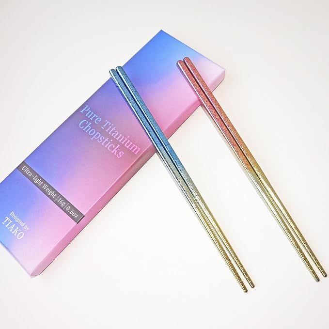 TIAKO 2 Pair Titanium Chopsticks Set (Blue & Pink) | 99.8% Pure Titanium | Anodized Color Finish | Gift Box for Wedding, Anniversary, Housewarming & Daily Use