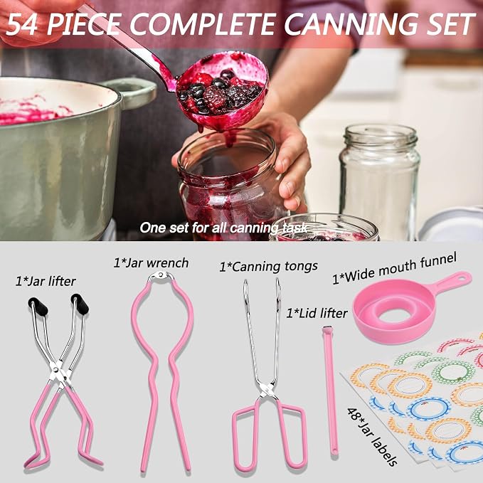 Home Canning Supplies Starter Kit, Food Grade Stainless Steel Canning Tools with Jar Lifter Tongs, Funnel, Labels, Magnetic Lid Lifter, Essential Canning Accessories Equipment Set for Beginners, Pink