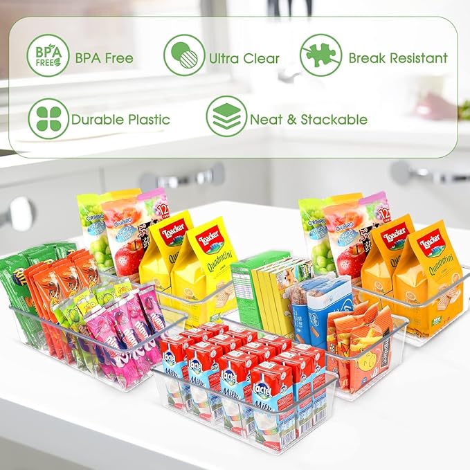 ZIZOTI Snack Organizer for Pantry Shelf, 8 Pack Clear Plastic Pantry Storage Bins with 3 Dividers for Snacks, Spices, Chips Food Organizer, Stackable Pantry Organizers for Kitchen, Fridge, Cabinet