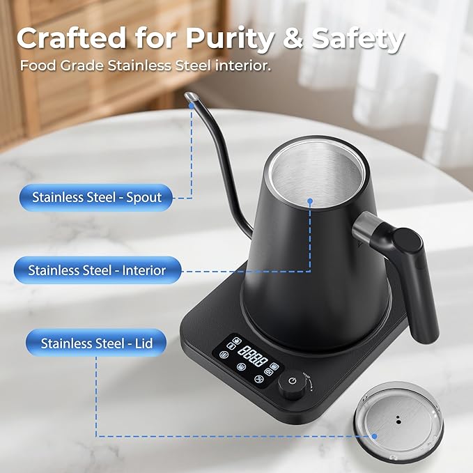 Gooseneck Electric Kettle, ±1°F Precision Control, Smart Altitude Adjustment, 24H Keep Warm, 30-Min Auto Memory, Food Grade Stainless Steel, Pour Over Kettle for Coffee and Tea, 1200W/1.0L