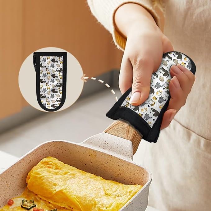 Coldinair Cast Iron Skillet Handle Covers Cute Cat Print Pan Pot Handle Covers for Women Men Heat Resistant Hot Handle Covers Sleeves for Kitchen, BBQ and Baking Cookware