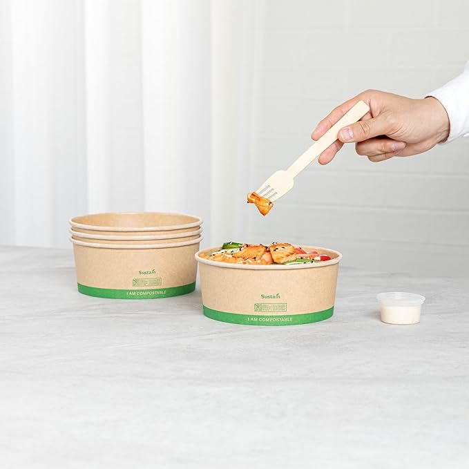 Restaurantware Compostable Paper Food Containers 50 Pack Of 37 oz BPI-Certified Round Kraft Salad Bowls Disposable Grease-Resistant Meal Prep Take Out Containers For Ice Creams, Soups, Snacks