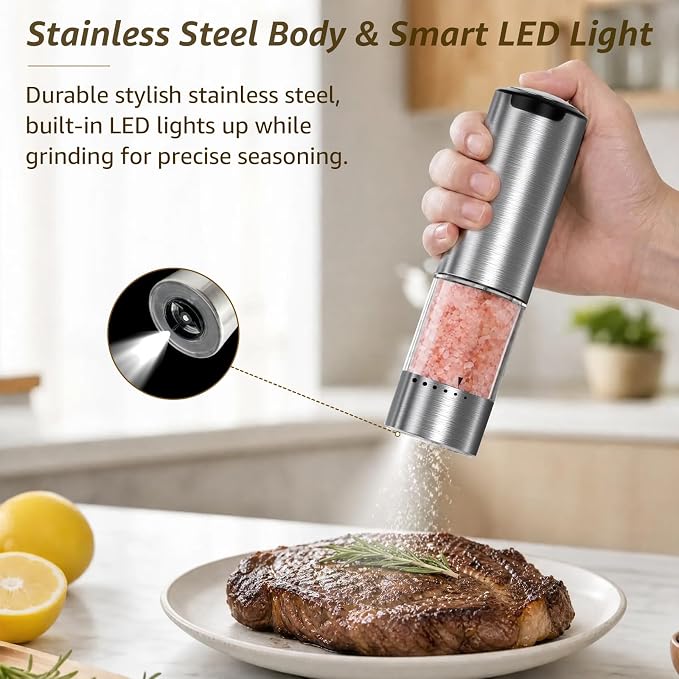 Electric Salt and Pepper Grinder Set Type-C Fast Charging, Automatic Salt and Pepper Shakers Adjustable Coarseness, Stainless Steel Rechargeable Salt and Pepper Grinder with LED Light