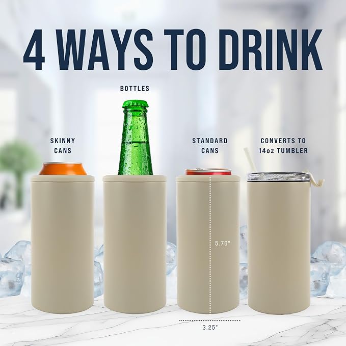 4 in 1 Universal Can Cooler - Beige, Can Holder Insulated, Beer Bottle Cooler, Universal Holder for All Drink Sizes, Stainless Steel Insulated Tumbler, Tailgating Accessories