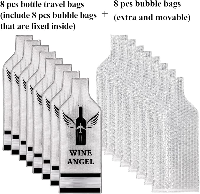 [UPGRADED PROTECTION] 8 Set (16 pcs) Reusable Wine Bags for Travel, Wine Travel Protector, Bottle Travel Sleeve Case For Airplane, Car, Cruise, TRIPLE Protection Luggage Leakproof Safety Impact Resist