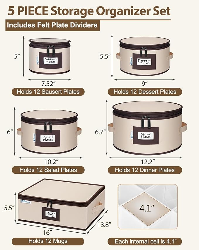 punemi 6-Piece Hard Shell China Storage Containers with Dividers, Stackable Dinnerware Storage Boxes for Plates, Mugs & Cup Organizer, Wine Glass Storage Boxes, Moving Boxes for Stemware, Beige