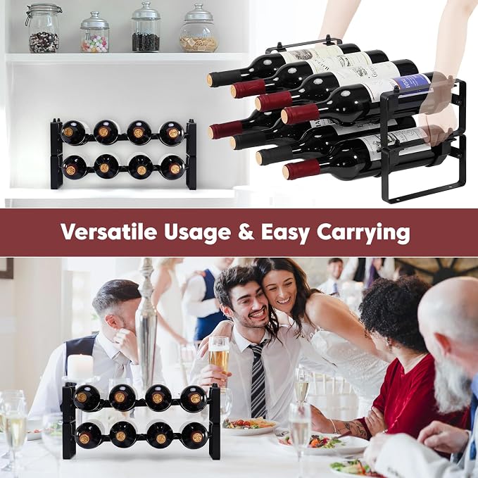 Stackable Wine Rack Countertop, 2 Tier 8 Bottle Wine Holder for Cabinet Bar | Sturdy Tabletop Wine Holder Stand for Pantry Bar, Freestanding Wire Metal Wine Bottle Rack Small Wine Storage Organizers