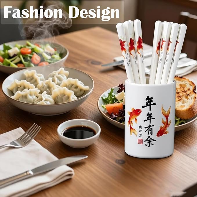 Ceramic Chopsticks Reusable,5 Pairs Porcelain Chop sticks,Red Fish,9.7'' | Easy to Clean,Dishwasher Safe,Heat Resistant,with a Gift case,Cooking Chopsticks,High-grade Bone China Porcelain