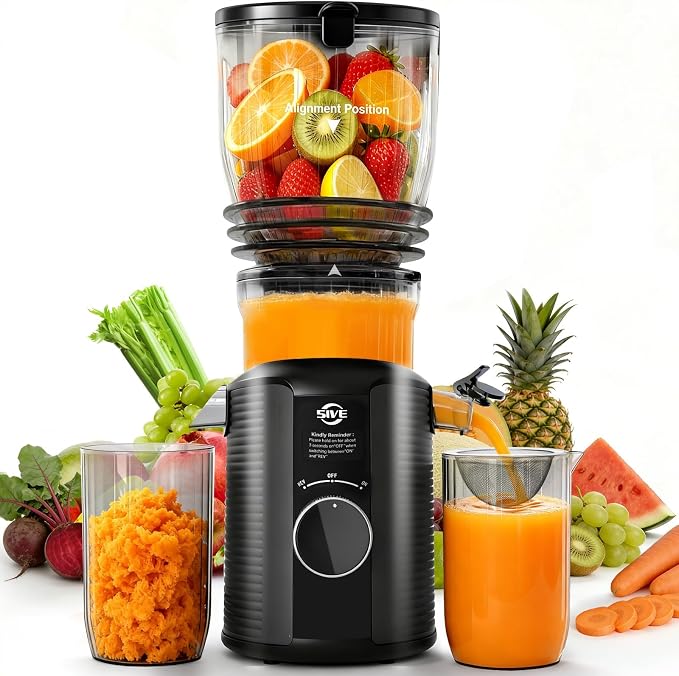 5ive Cold Press Juicer, 5.8 Inch Wide Chute Slow Masticating Extractor | 1.7 L Slow Juice Extractor for Whole Fruits Veggies, Easy Clean Electric Maker with Recipe Guide, Rate of 99% juice