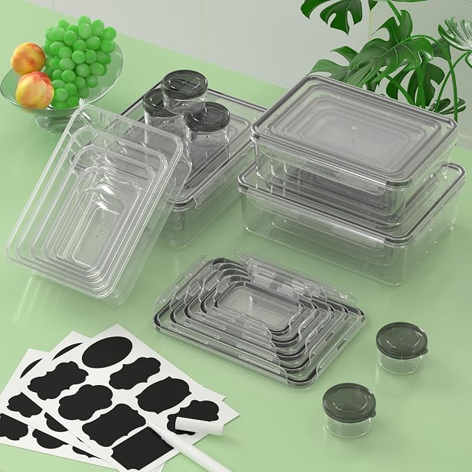 KEMETHY 50-Piece Food Storage Containers with Lids(25 Containers & 25 Lids), Plastic Food Containers for Pantry & Kitchen Storage and Organization, BPA-Free, Leak Proof, Reusable with Labels & Pen
