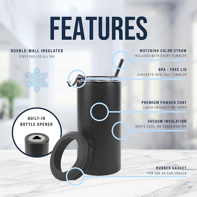 4 in 1 Universal Can Cooler - Charcoal Gray, Can Holder Insulated, Beer Bottle Cooler, Universal Holder for All Drink Sizes, Stainless Steel Insulated Tumbler, Tailgating Accessories