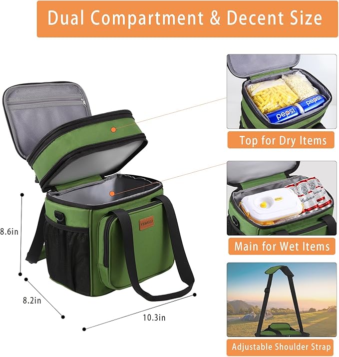 Expandable Large Insulated Lunch Box, Heavy Duty Lunch Cooler Bag Durable Leakproof Lunch Pail for Men Women Adults Work Shift Outdoor Picnic Camping Road Trip, 16L, Army Green, GLENKEY
