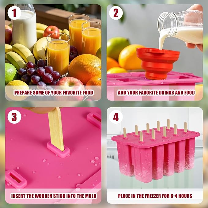 Homemade Popsicles Molds, Food Grade Popsicle Molds for Kids, 10 Cavity Non-BPA Silicone Ice Pop Maker, Reusable Silicone Popsicle Molds with 50 Stick, 50 Bags, Funnel (Pink)