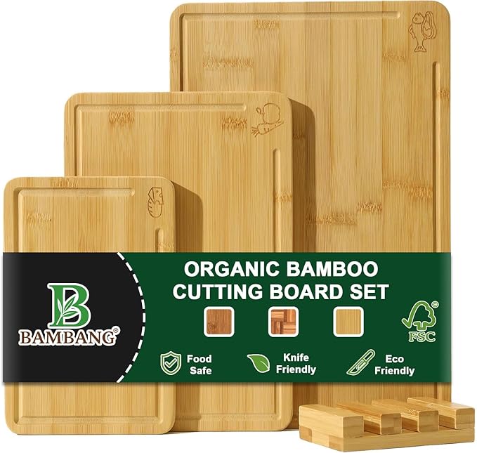 BAMBANG Bamboo Cutting Board Set, 3-Piece Wooden Chopping Boards for Kitchen, Non-Toxic Butcher Block with Juice Groove, Large Medium Small Cutting Boards for Meat, Vegetables & Cheese