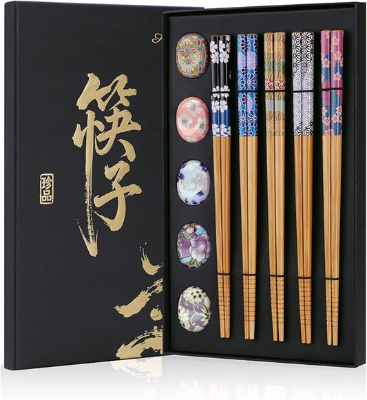 Antner 5 Pairs Reusable Bamboo Chopsticks Set with Ceramic Chopstick Rests, 8.8 Inch Japanese Style Chop Sticks with Holders for Sushi Ramen Asian Cuisine Lovers Gift Set, Black Elegant Packaging